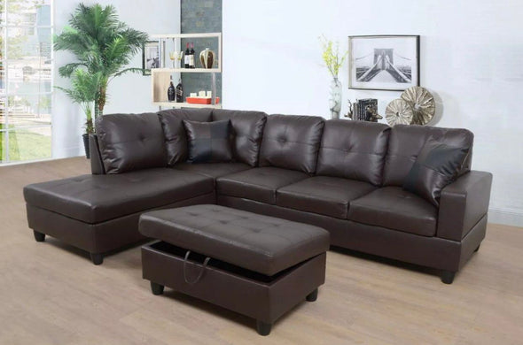 Yemura Brown Faux Leather Sectional With Ottoman And Cushions