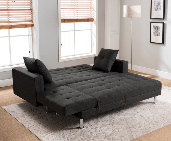 BLACK Tufted Linen Fabric REVERSIBLE Sectional Sofa Bed