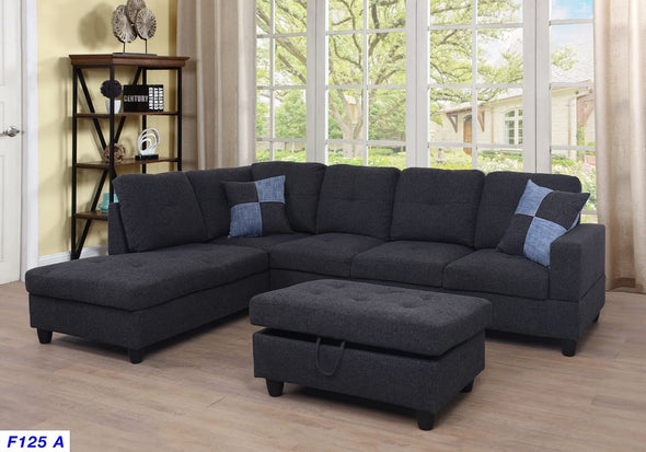 MAZA 3pc Living Room Left Facing Sectional Sofa with Ottoman, Charcoal Grey