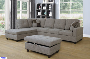 JASMINE 3 PCS Furnishing Gray Brown Linen Sectional Sofa with Ottoman