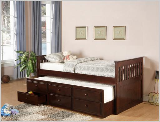 Elizabeth Twin Size Espresso Captains Bed with Trundle and 3 Storage Drawers