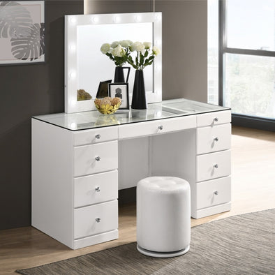 Pearl White Makeup Vanity with Mirror LED Lights and Swivel Stool
