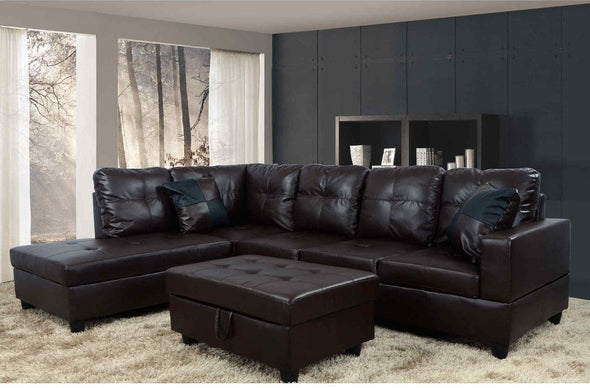 Espresso Color Faux Leather Left Facing Sectional Sofa with Ottoman