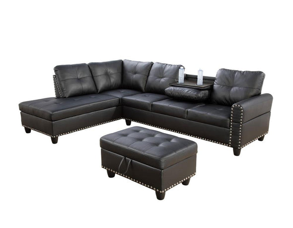 L-Shaped Leather Sectional with Ottoman, Cupholder
