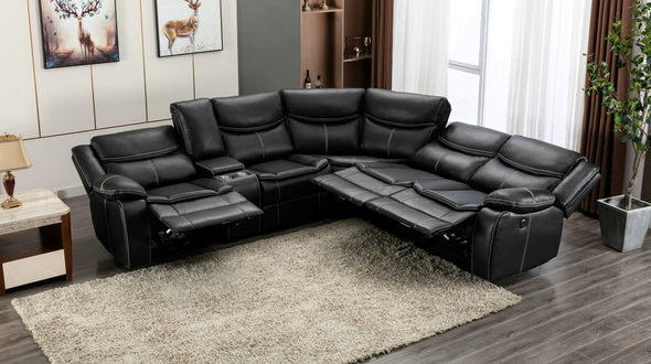 BLACK Faux Leather Reversible Sectional Sofa w/ Power & USB