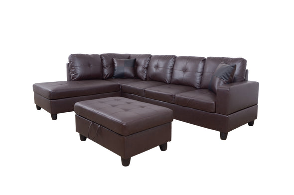 Espresso Color Faux Leather Left Facing Sectional Sofa with Ottoman