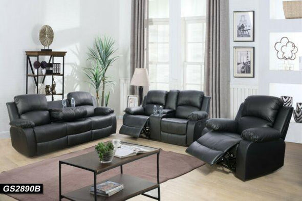 3 pc Leather Recliner 6 Seater with Built-in Coffee Table, Black